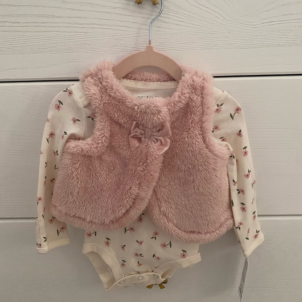 Carter's Blush Fuzzy Vest with Floral Onesie and Pants matching set